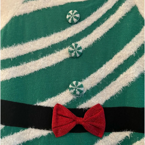 33 Degrees Elf Sweater Dress size L. Green and White Stripes with Red Bow - Picture 2 of 6